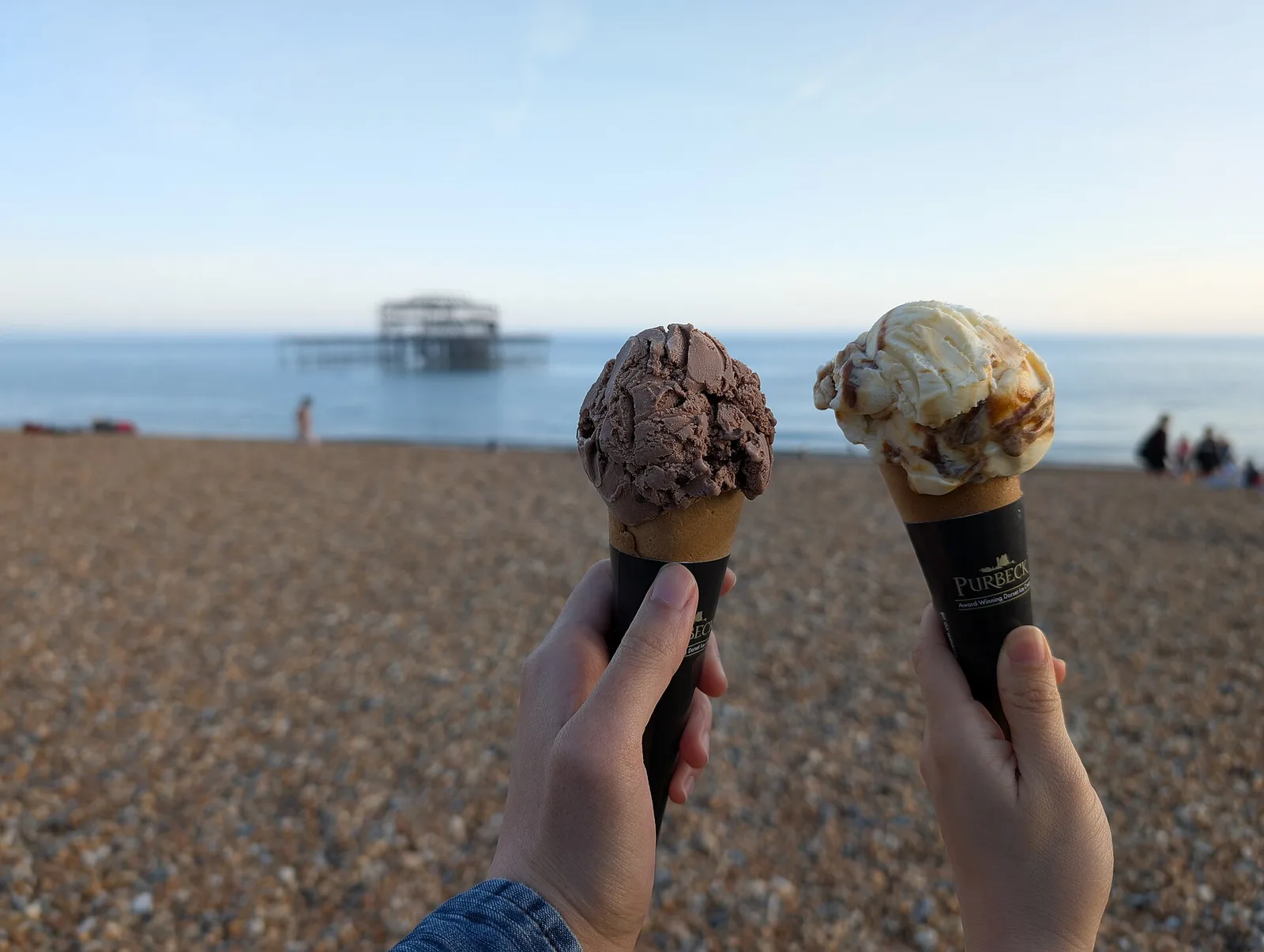 Two ice cream cones bought at a beach hut in Brighton, England.