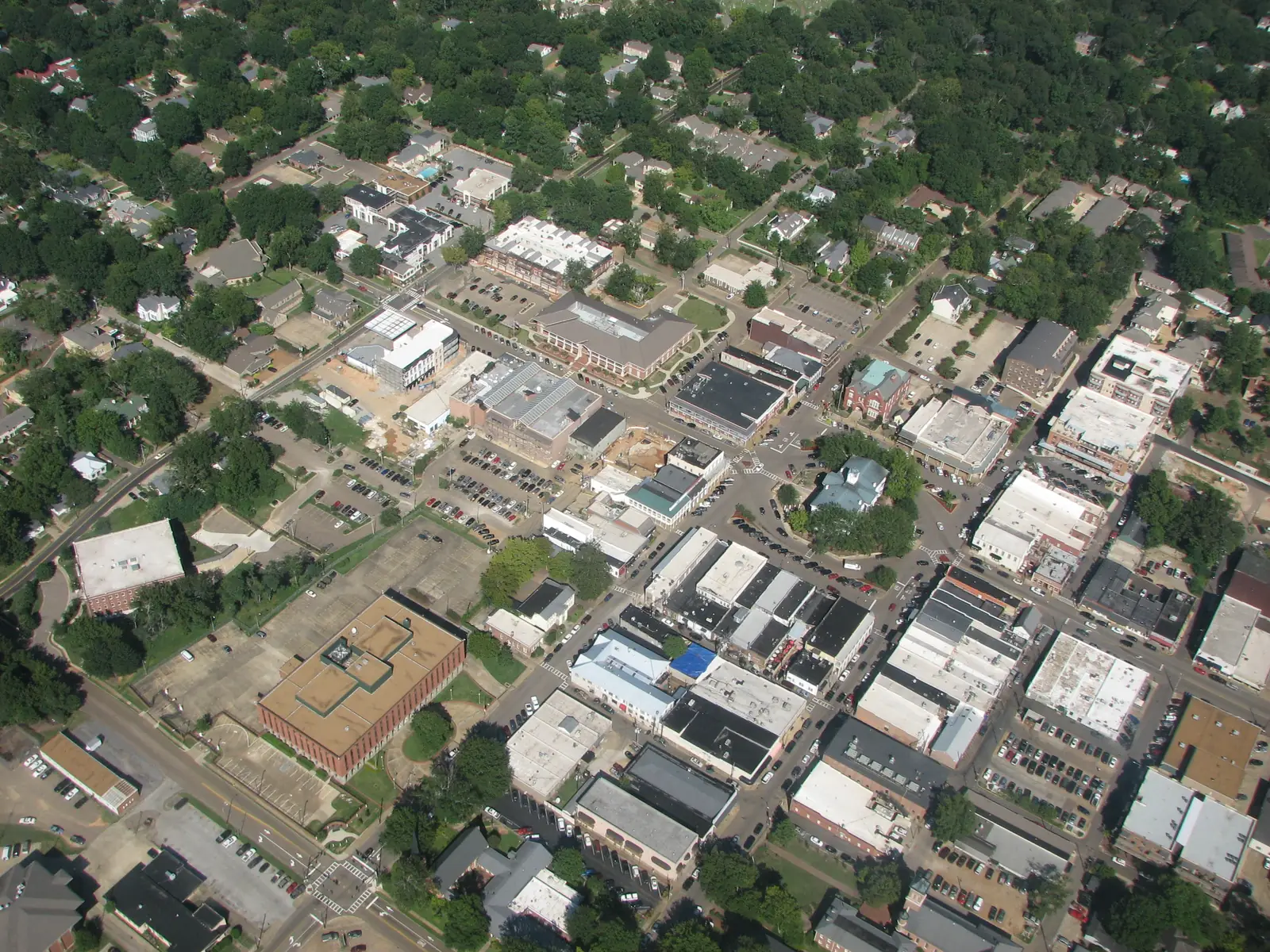 Downtown Oxford and the courthouse square seen from about 2,000 feet.