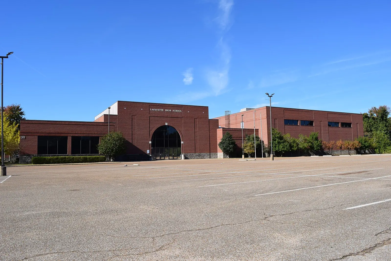 Lafayette High School and its parking lot on Commodore Drive in Oxford.